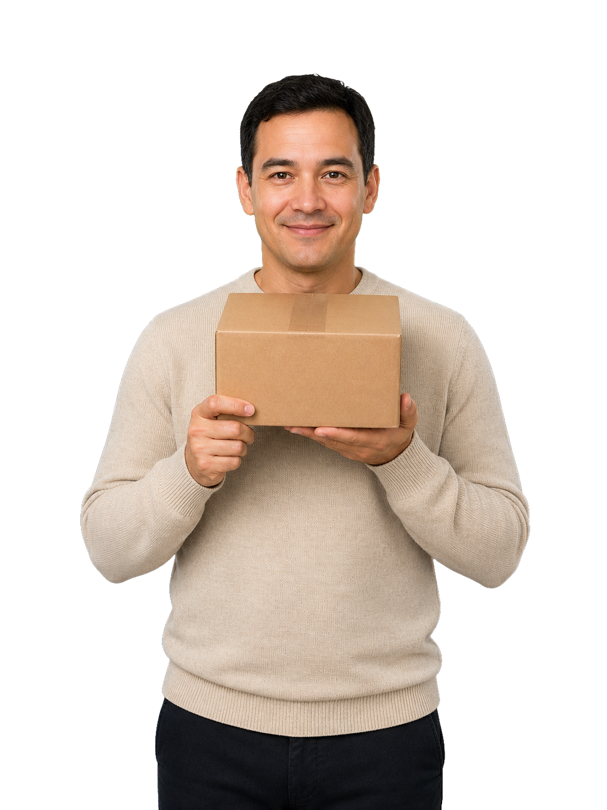 A man in an oatmeal knit sweater holding a plain unbranded cardboard delivery box
