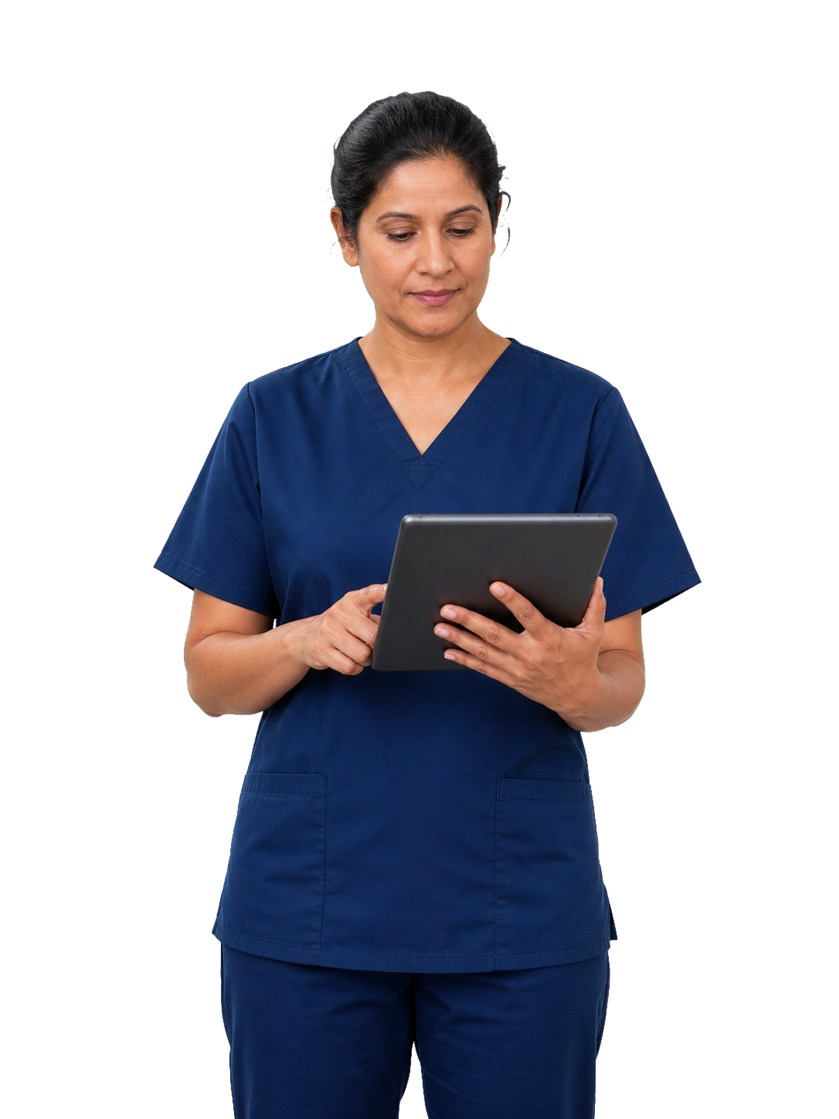A clinician in deep navy medical scrubs reading a patient's intake notes on a tablet