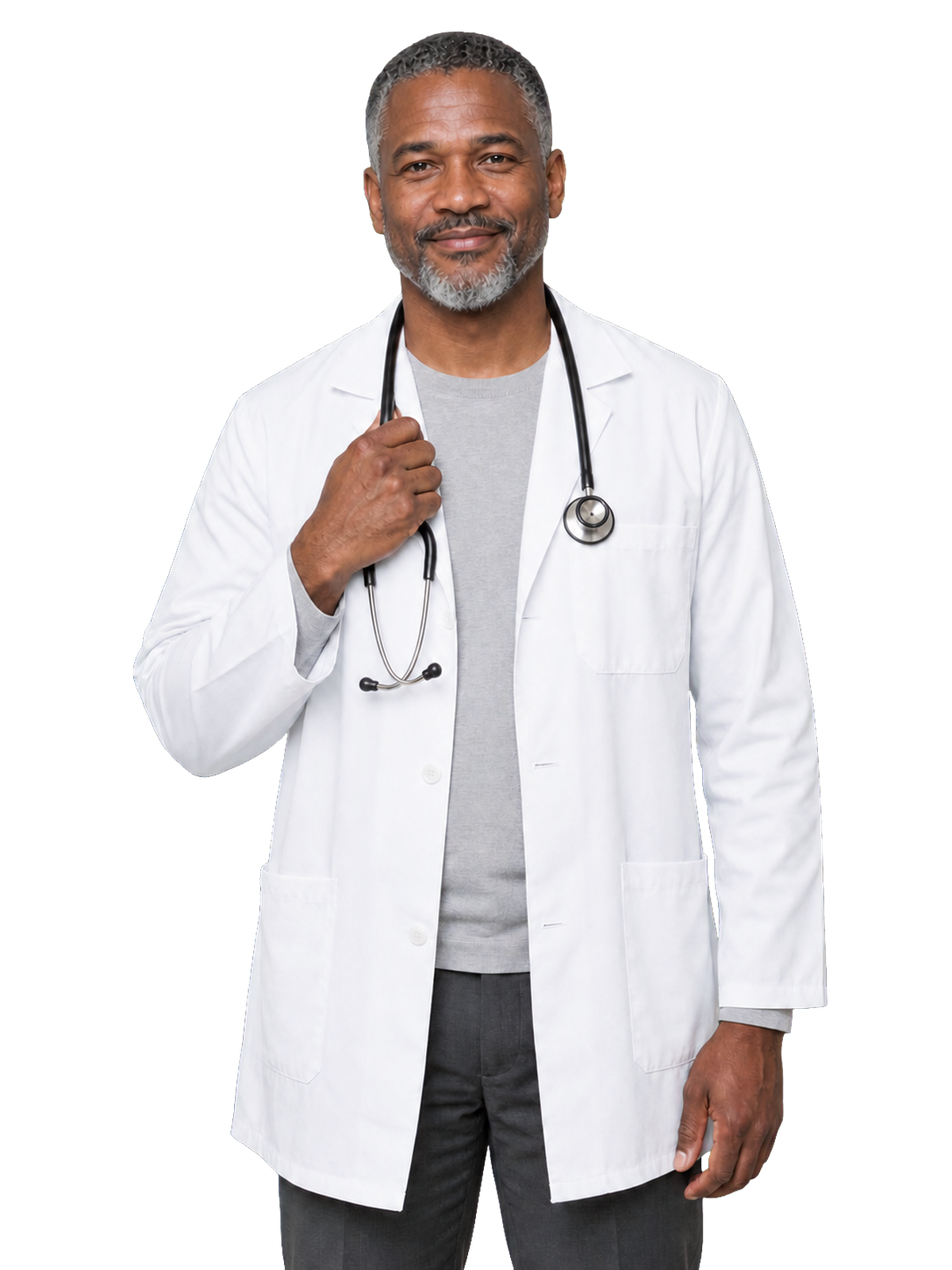 A licensed healthcare provider in an open white clinical coat with a stethoscope around the neck
