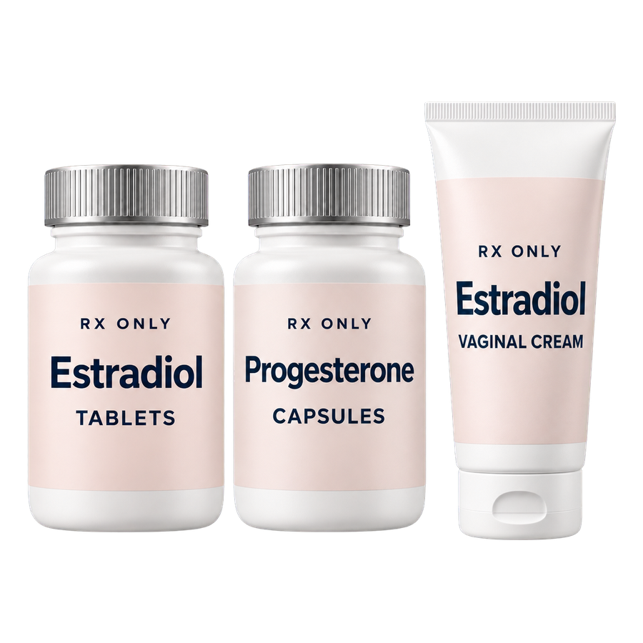 Estradiol Pill + Progesterone + Estradiol Vaginal Cream packaging